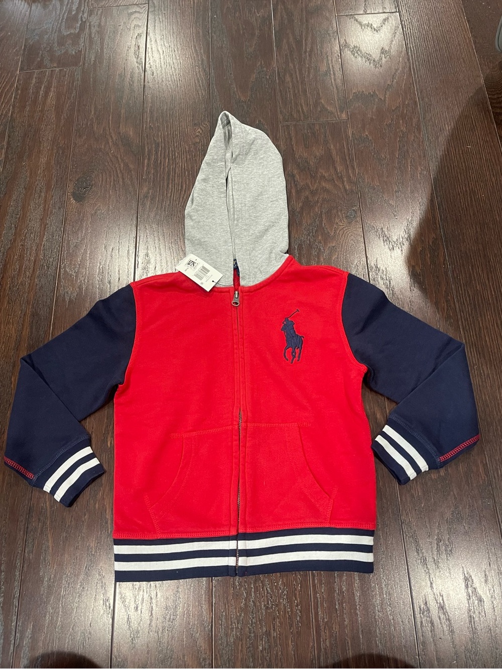 Polo Ralph Lauren Boy' Size 6 French Terry Zip Hoodie Large Pony Red Blue NEW